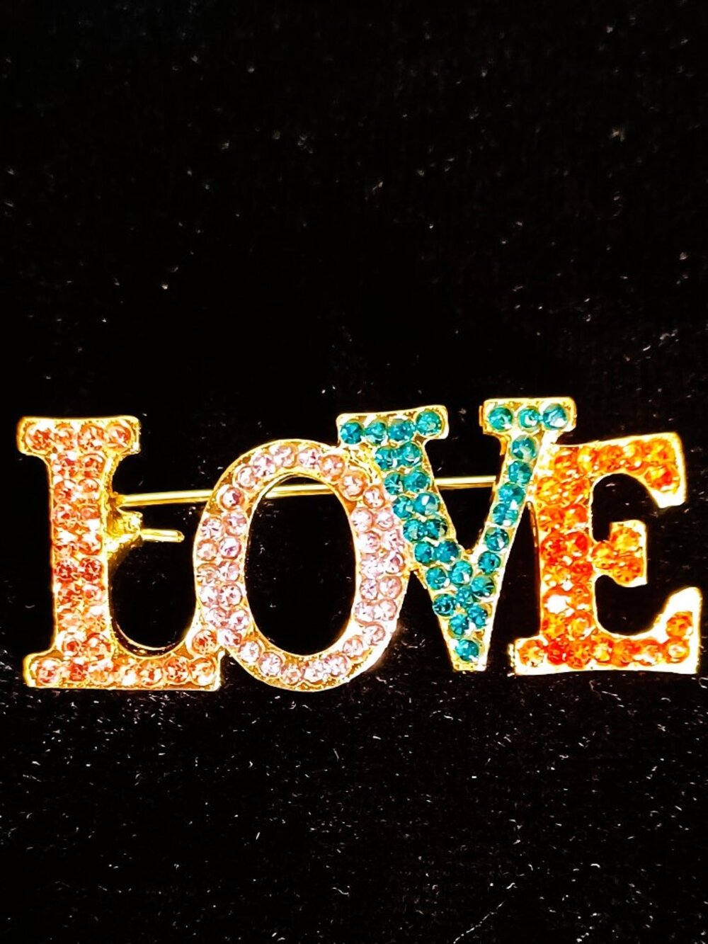 LOVE Rhinestone Brooch - Gold Tone - Picture 1 of 4